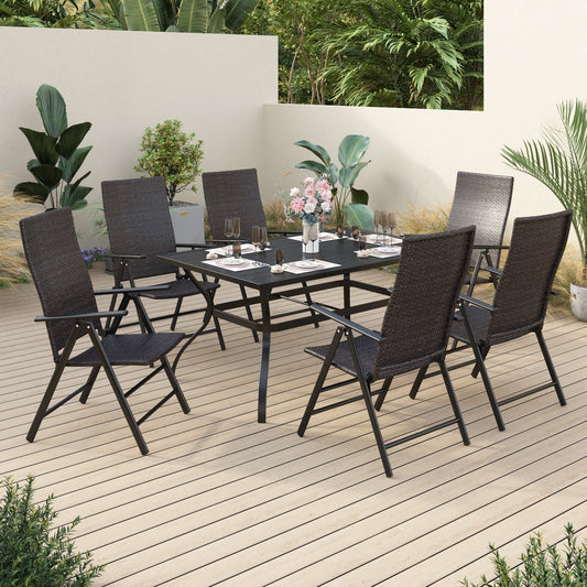 Alpha Joy 7 Piece Patio Dining Set Foldable Adjustable PE Rattan Patio Dining Chairs and Rectangle Metal Table