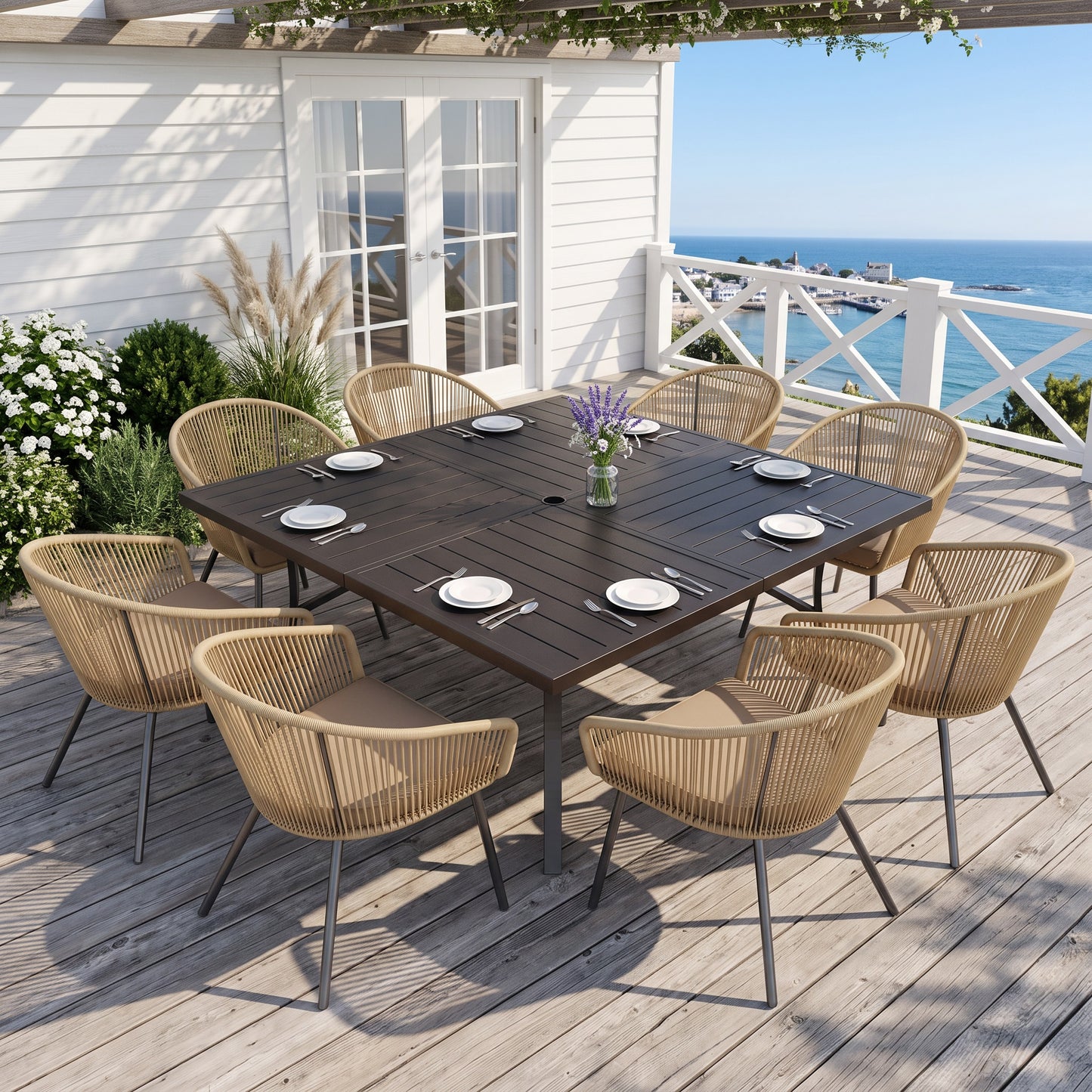 Sophia & William 9 Pieces Outdoor Patio Dining Set, 57.5" Metal Square Dining Table and Wicker Rattan Chairs Set for 8, Black Placer Gold