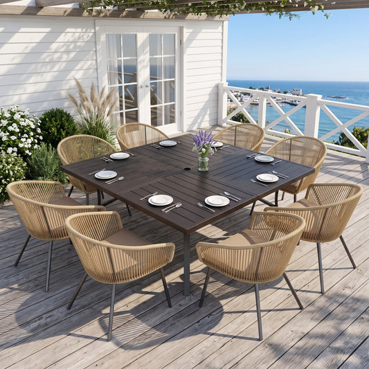 Sophia & William 9 Pieces Outdoor Patio Dining Set, 57.5" Metal Square Dining Table and Wicker Rattan Chairs Set for 8, Black Placer Gold