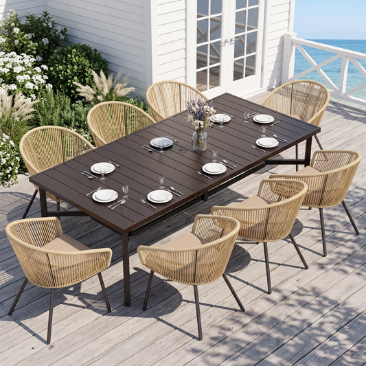 Sophia & William 9 Pieces Outdoor Patio Dining Set, 83" Rectangle Metal Dining Table and Wicker Rattan Chairs Set for 8, Black Placer Gold