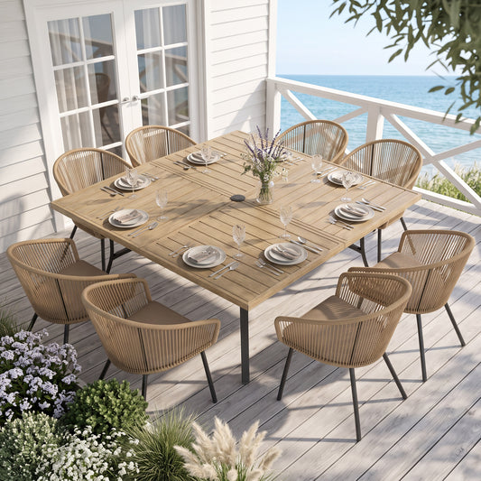 Sophia & William 9 Pieces Outdoor Patio Dining Set, 57.5" Teak Color Metal Square Dining Table and Wicker Rattan Chairs Set for 8, Black Placer Gold