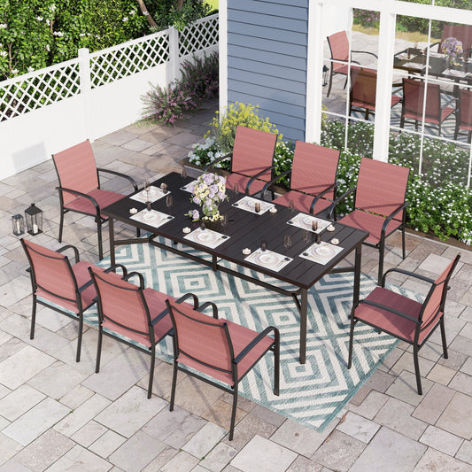 Sophia & William 9 Piece Patio Dining Set 82.6″Metal Table and 8 Red Textilene Chairs