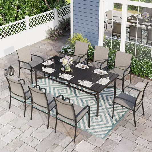 Sophia & William 9 Piece Patio Dining Set 82.6″Metal Table and 8 Brown Textilene Chairs