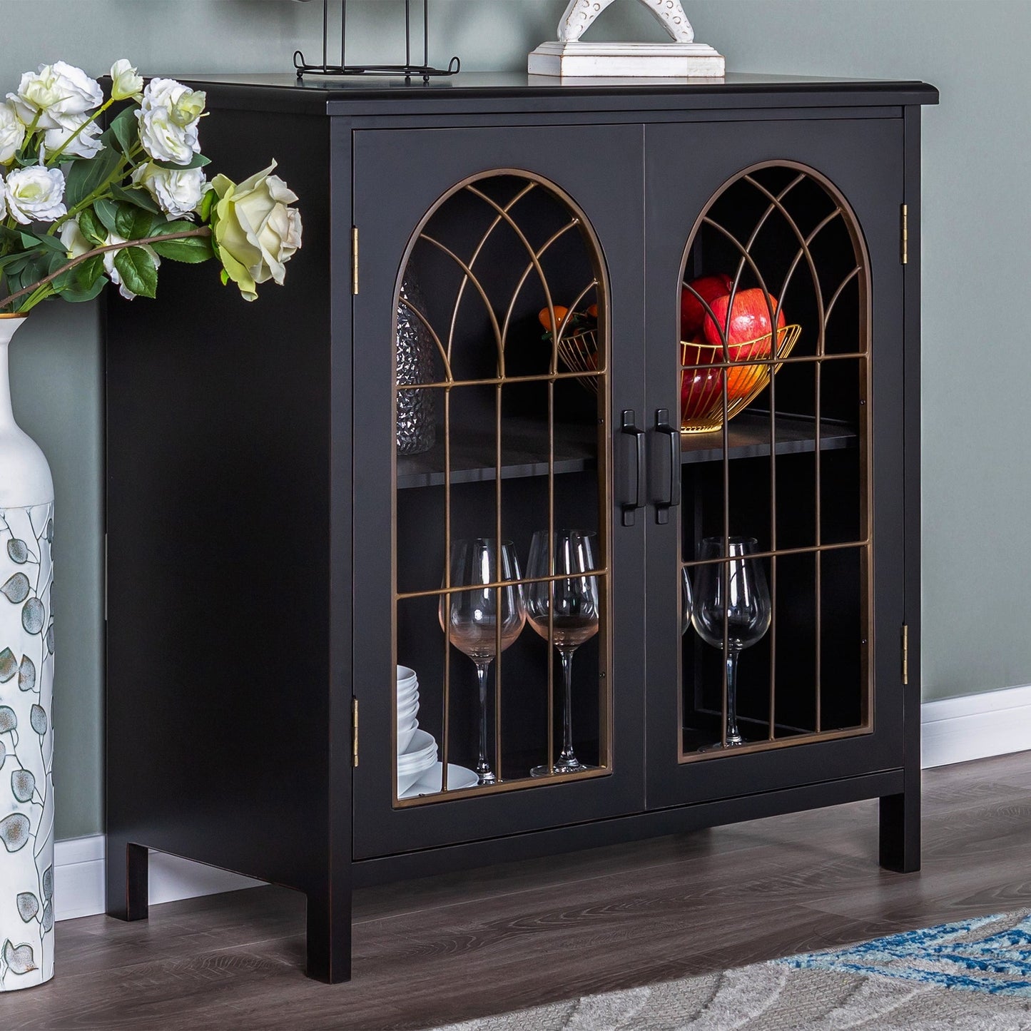 Alpha Joy 2-Door Accent Cabinet, Vintage Storage Cabinet in Church Window Design for Entryway, Dining Room, Black