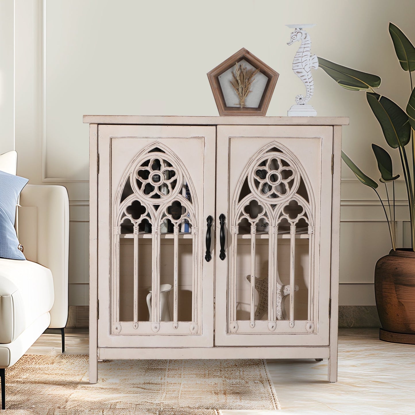 Alpha Joy 2-Door Accent Cabinet, Retro Storage Cabinet with Hollow-Carved Church Window Door for Entryway, Living Room, White