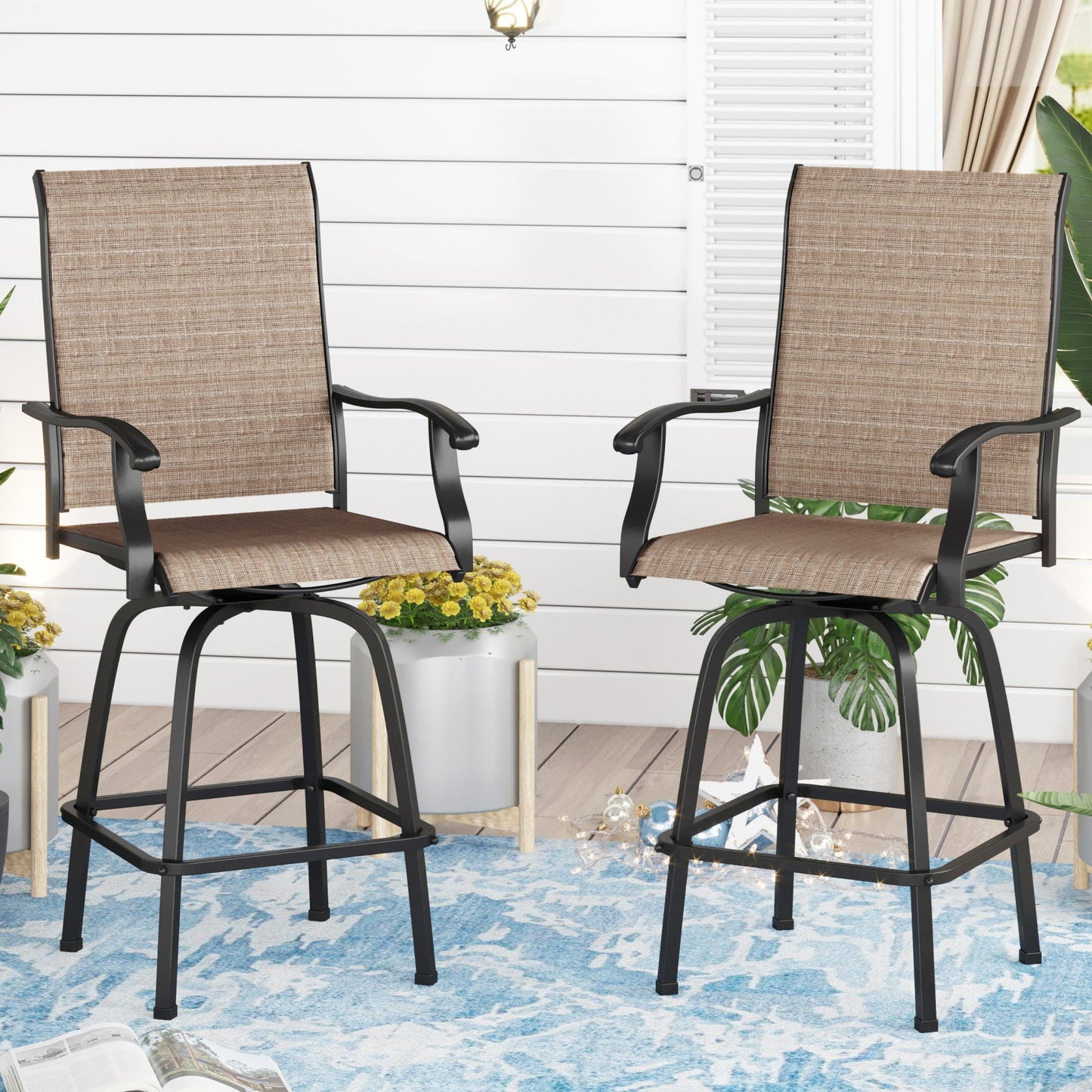 Sophia & William 2 Pcs Outdoor Swivel Metal Bar Stools Patio Height Textilene Chairs in Brown