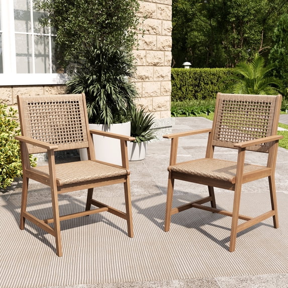 Sophia & William 2-Piece Acacia Wood Patio Dining Chairs with Hand-woven Rattan Seat & Back, Solid Woord  Outdoor Dining Chairs, Patio Armchairs, Light Brown