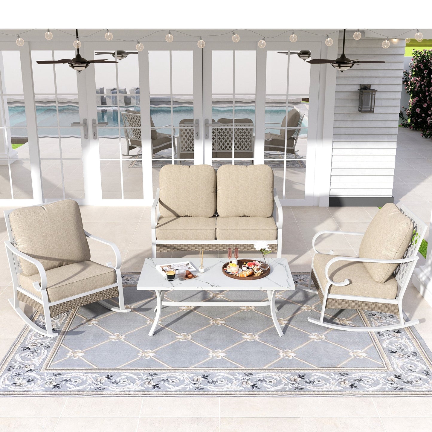 Sophia&William 4 Piece Patio Conversation Set Outdoor Furniture Loveseat Sofa Set with Table, Beige
