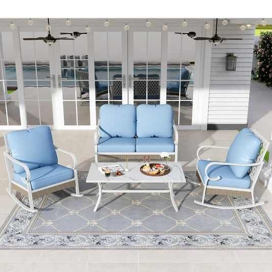 Sophia&William 4 Piece Patio Conversation Set Outdoor Furniture Loveseat Sofa Set with Table, Blue