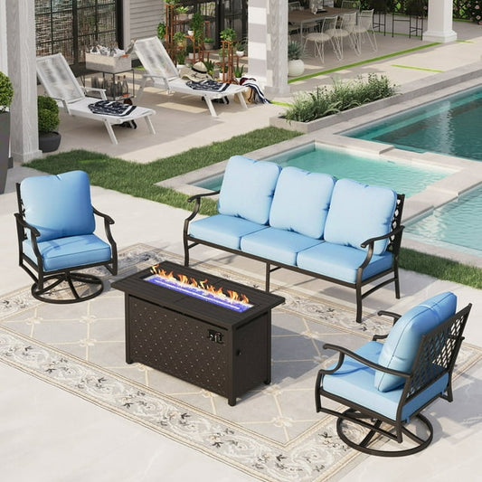 Sophia&William 4 Piece Patio Conversation Set Outdoor Furniture Sofa Set with 50,000BTU Fire Pit Table, Blue