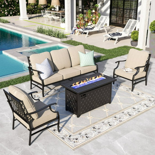 Sophia&William 4 Piece Patio Conversation Set Outdoor Furniture Sofa Set with 50,000BTU Fire Pit Table