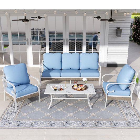 Sophia&William 4 Piece Patio Conversation Set Outdoor Furniture Sofa Set with Fixed Chair, Blue