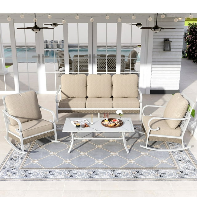 Sophia&William 4 Piece Patio Conversation Set Outdoor Furniture Sofa Set with Rocking Chair, Beige