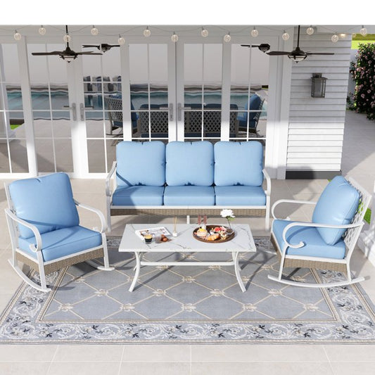 Sophia&William 4 Piece Patio Conversation Set Outdoor Furniture Sofa Set with Rocking Chair, Blue