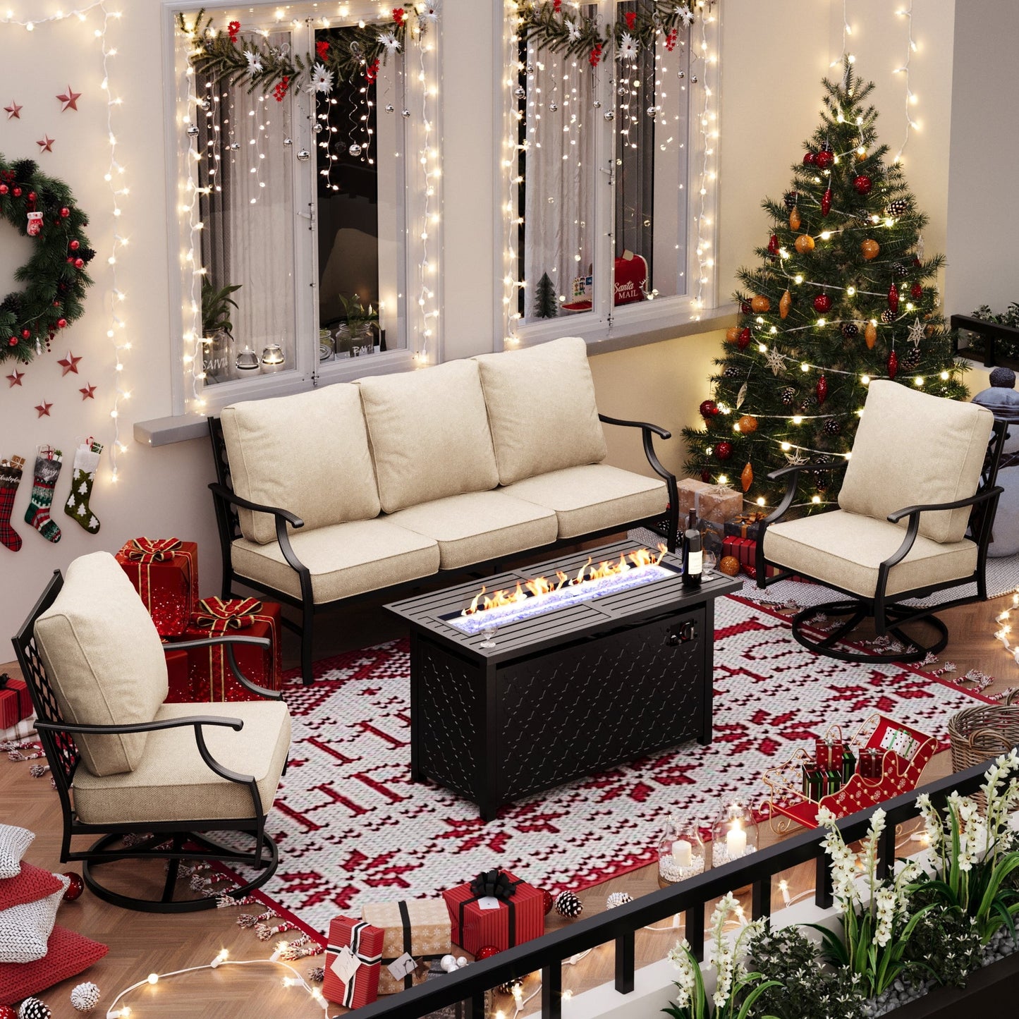 Sophia&William 4 Piece Patio Outdoor Furniture Set Conversation Sofa Set with 45" Fire Pit Table, Beige