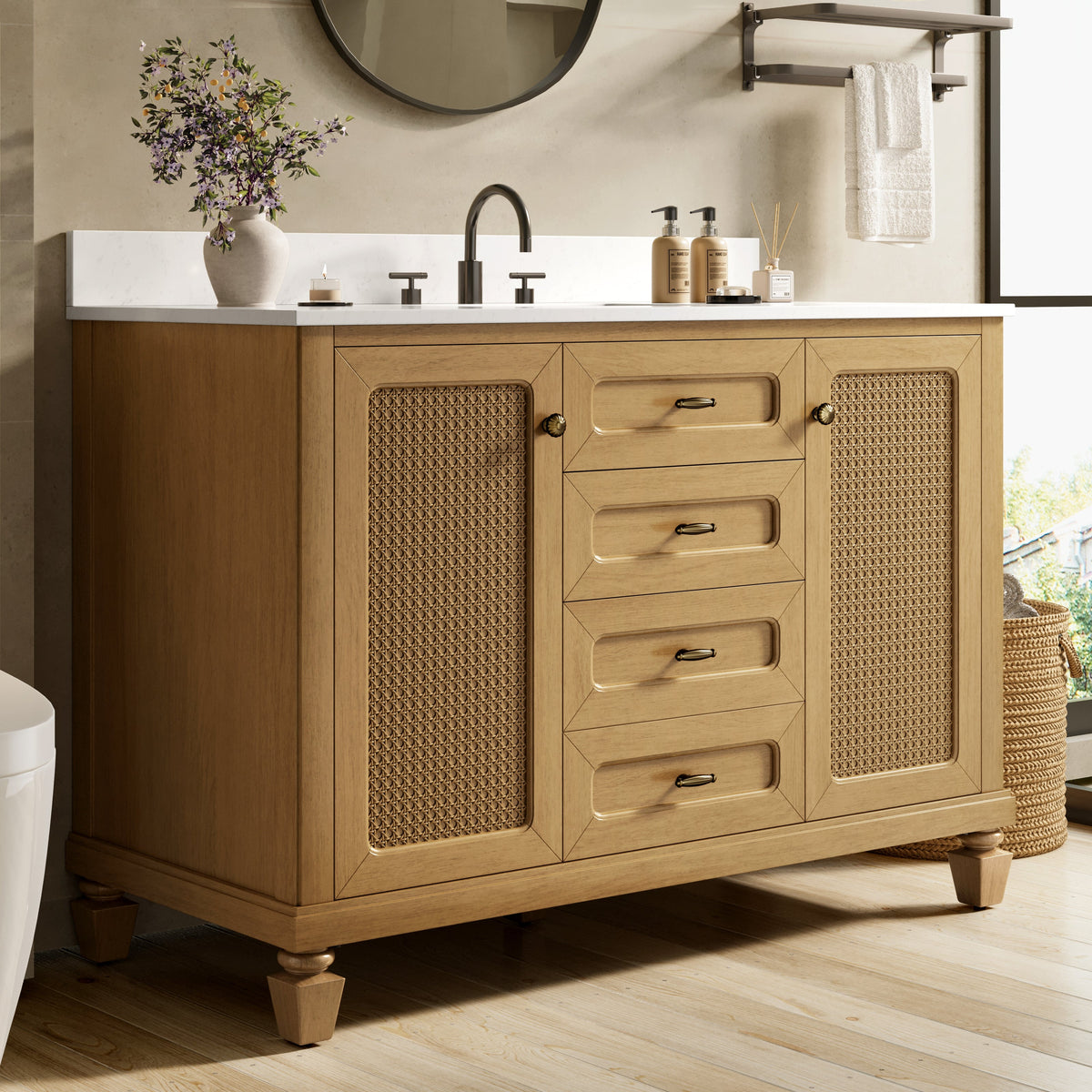 Sophia & William 48" Bathroom Vanity with Sink Freestanding Wood Bathroom Cabinet Vanity with 2 Doors of Adjustable Shlves, 1 Tip-out Drawers, 2 Pull-out Drawers and 1 Elevated Drawer, Light Oak