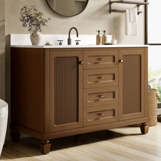 Sophia & William 48" Bathroom Vanity with Sink Freestanding Wood Bathroom Cabinet Vanity with 2 Doors of Adjustable Shlves, 1 Tip-out Drawers, 2 Pull-out Drawers and 1 Elevated Drawer, Hickory