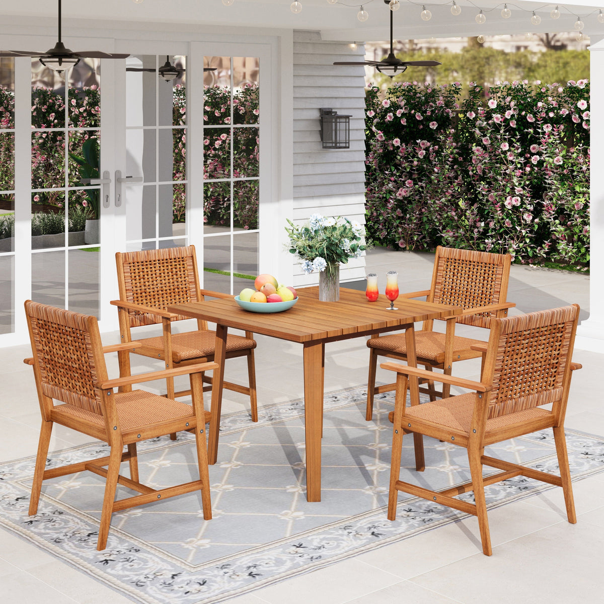 Sophia & William 5 Pieces Acacia Wood Outdoor Patio Dining Set Natural Wood Table and Rattan Chairs for Lawn, Garden, Backyard