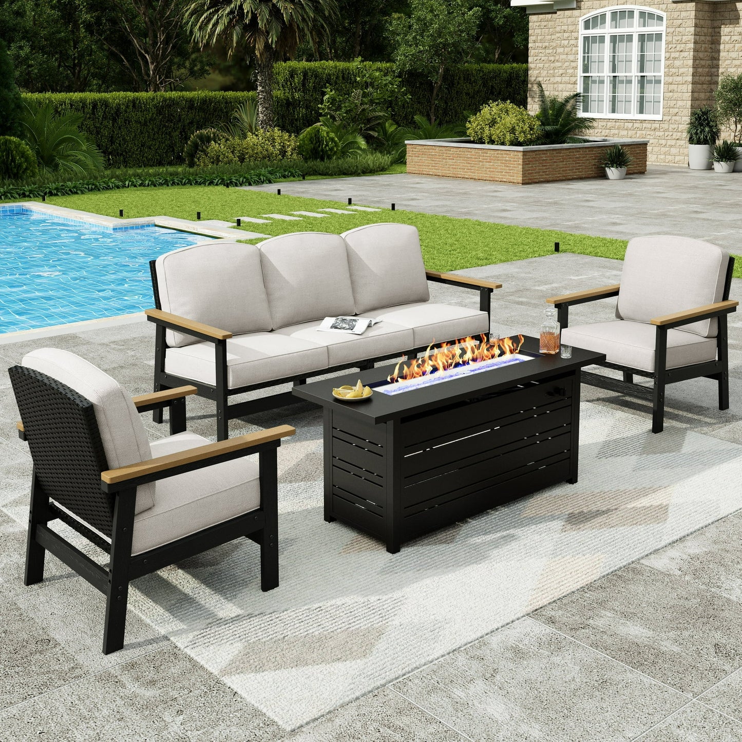 Sophia & William 5-Seat HDPE Outdoor Patio Furniture Set All-Weather Cushioned Conversation Set with 56.7" Fire Pit Table Wood-grain Coffee Table, Gray