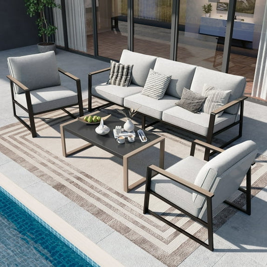 Sophia&William 5 Seat Outdoor Patio Furniture Set Modern Metal Cushioned Conversation Set with Wider Chairs & Wood-grain Coffee Table, Gray
