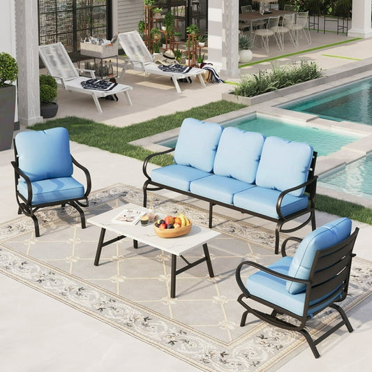 Sophia&William 5 Seat Patio Conversation Set Outdoor Rocking Chairs and Marble Table Furniture Set, Blue