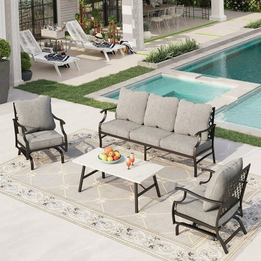 Sophia&William 5 Seat Patio Conversation Set Outdoor Sofa Furniture Set with Marble Table, Gray