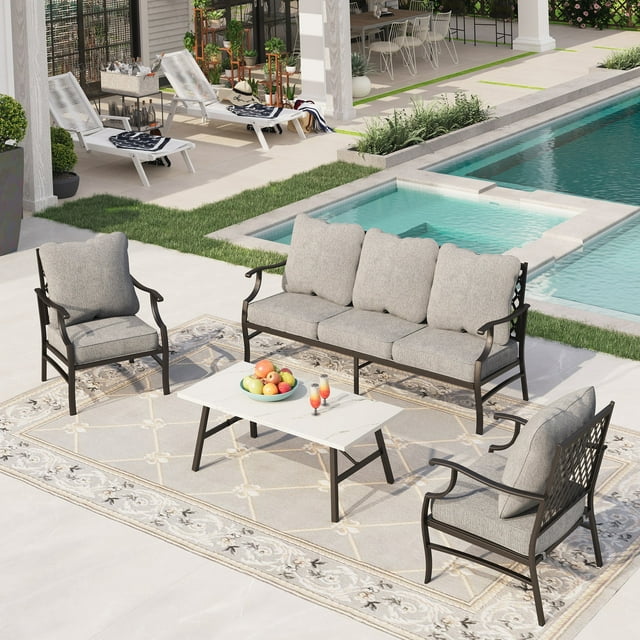 Sophia&William 5 Seat Patio Conversation Set Outdoor Sofa Furniture Set with Marble Table, Gray