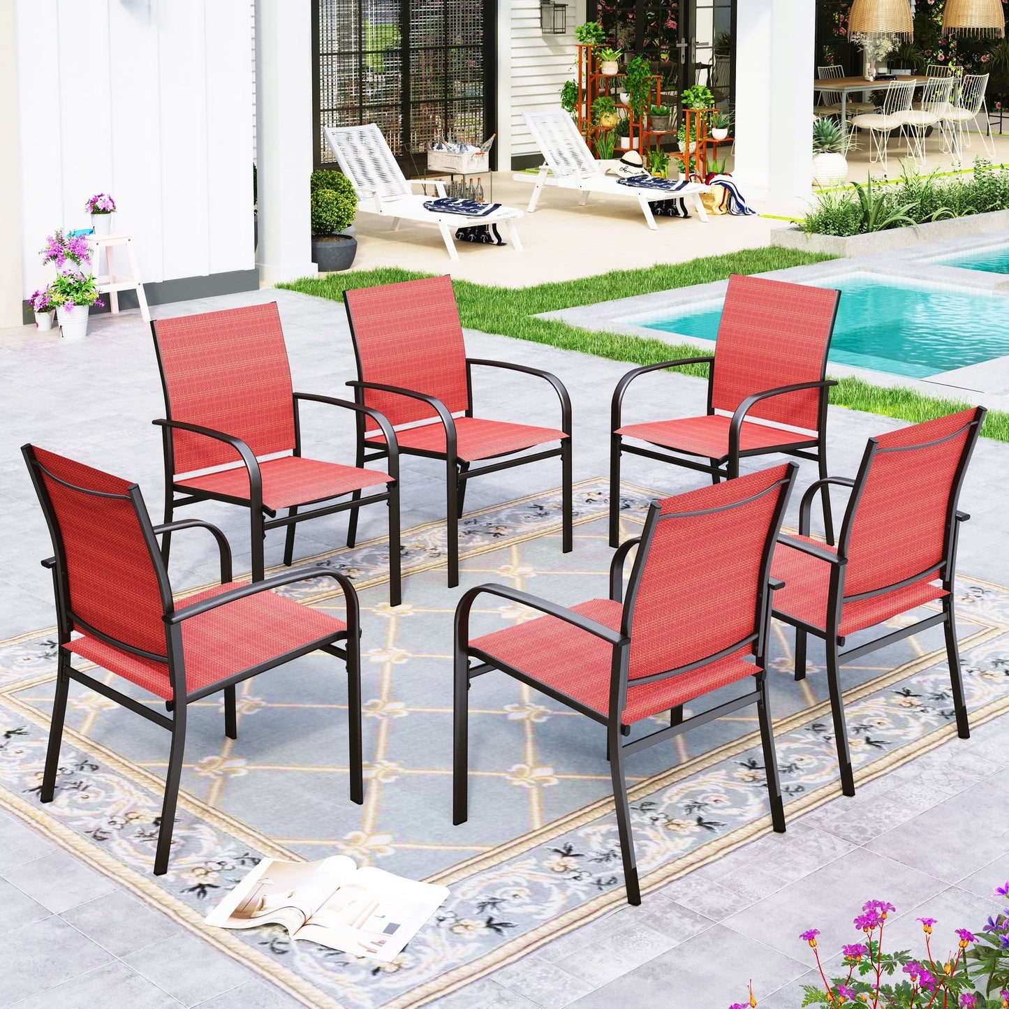 Sophia & William 6-Piece Outdoor Patio Dining Chairs Textilene Patio Metal Chairs for Garden, Backyard, or Poolside, Red