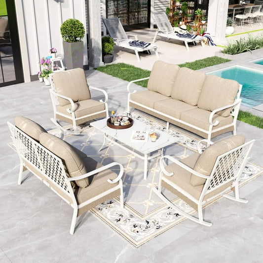 Sophia&William 6 Piece Patio Conversation Set Outdoor Furniture Loveseat Sofa Set with Rocking Chair, Beige