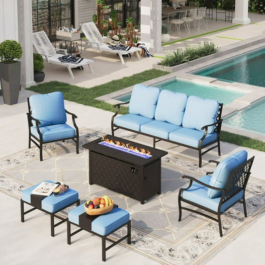 Sophia&William 6 Piece Patio Conversation Set Outdoor Furniture Sofa Set with 50,000BTU Fire Pit Table, Ottomans,Blue