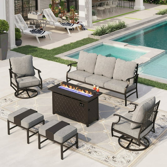 Sophia&William 6 Piece Patio Conversation Set Outdoor Furniture Sofa Set with 50,000BTU Fire Pit Table, Ottomans, Gray
