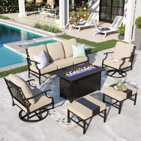 Sophia&William 6 Piece Patio Conversation Set Outdoor Furniture Sofa Set with 50,000BTU Fire Pit Table, Ottomans