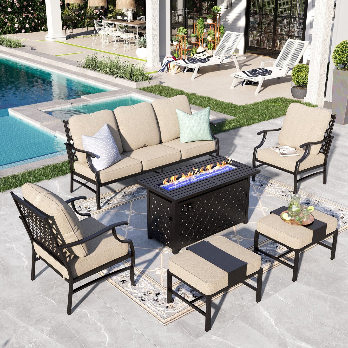 Sophia&William 6 Piece Patio Conversation Set Outdoor Furniture Sofa Set with 50,000BTU Fire Pit Table, Ottomans