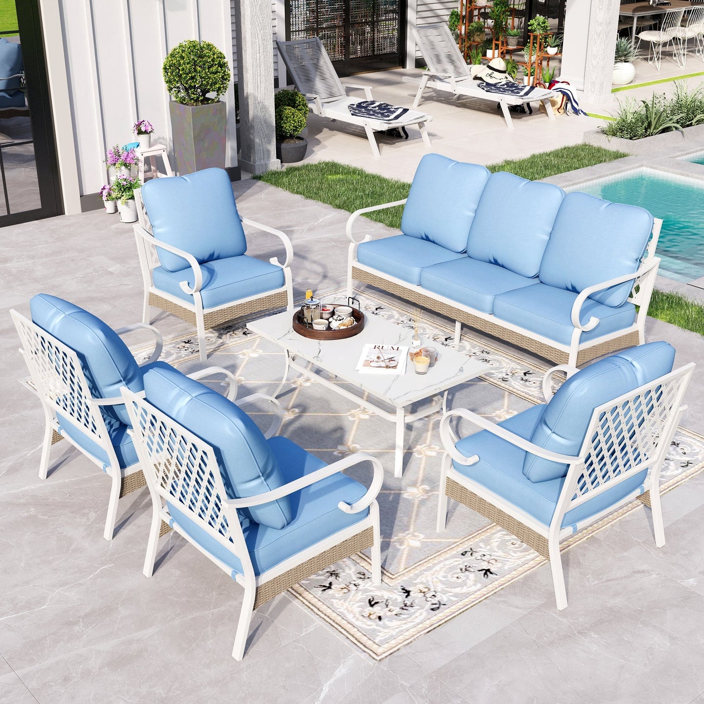 Sophia&William 6 Piece Patio Conversation Set Outdoor Furniture Sofa Set with Fixed Chair, Blue