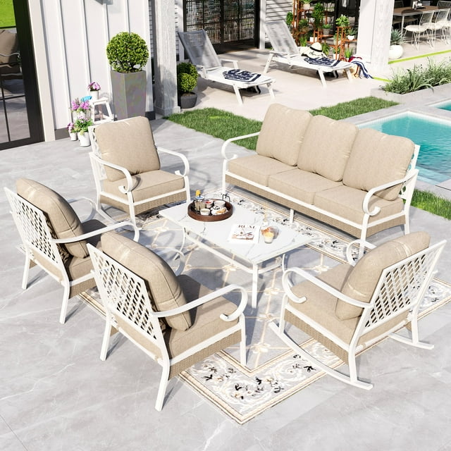 Sophia&William 6 Piece Patio Conversation Set Outdoor Furniture Sofa Set with Fixed & Rocking Chair, Beige