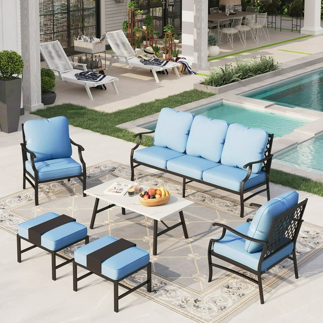 Sophia&William 6 Piece Patio Conversation Set Outdoor Table and Sofa Chairs Furniture Sets with 2 Ottomans, Blue