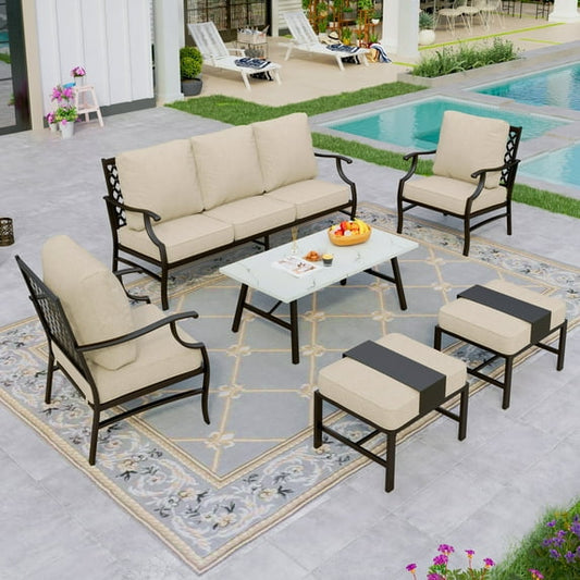 Sophia&William 6 Piece Outdoor Patio Furniture Set Metal Conversation Set with Coffee Table & 5.75" Extra Thick Cushions, Beige