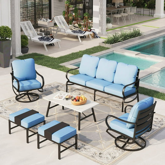 Sophia&William 6 Piece Patio Conversation Set Outdoor Table and Swivel Chairs Furniture Set with Ottomans, Blue