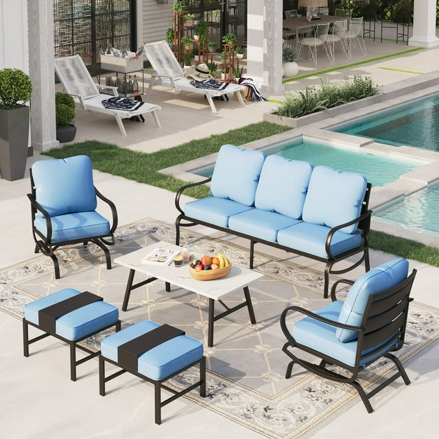 Sophia&William 6 Piece Patio Conversation Set Outdoor Table and Swivel Chairs Furniture Sets with 2 Ottomans, Blue