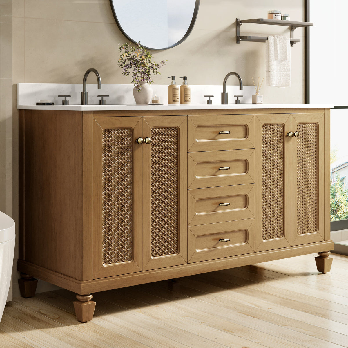 Sophia & William 60" Bathroom Vanity with Double Sink Freestanding Wood Bathroom Cabinet Vanity with 2 Doors of Adjustable Shlves, 2 Pull-out Drawers and 1 Elevated Drawer, Light Oak