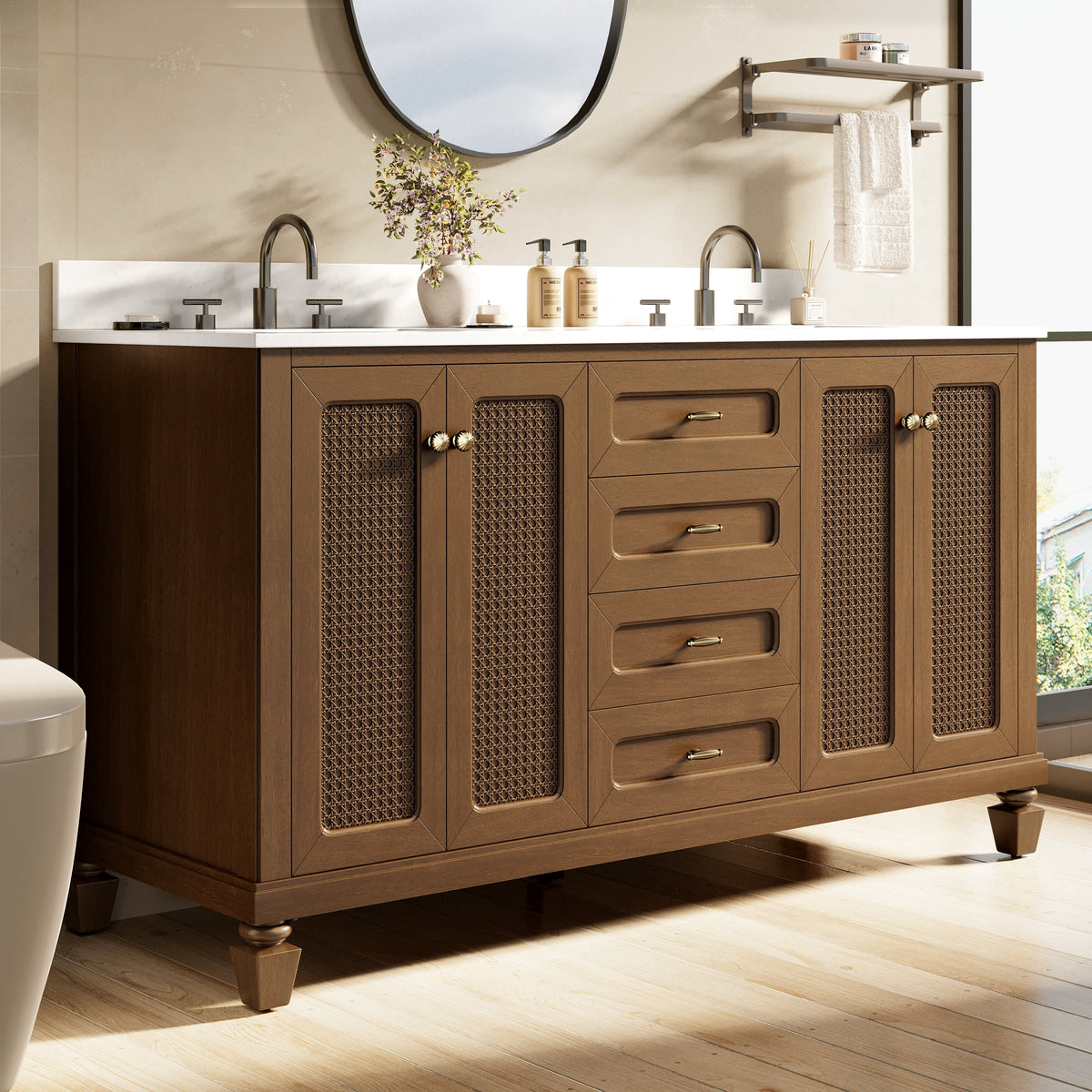 Sophia & William 60" Bathroom Vanity with Double Sink Freestanding Wood Bathroom Cabinet Vanity with 2 Doors of Adjustable Shlves, 2 Pull-out Drawers and 1 Elevated Drawer, Hickory