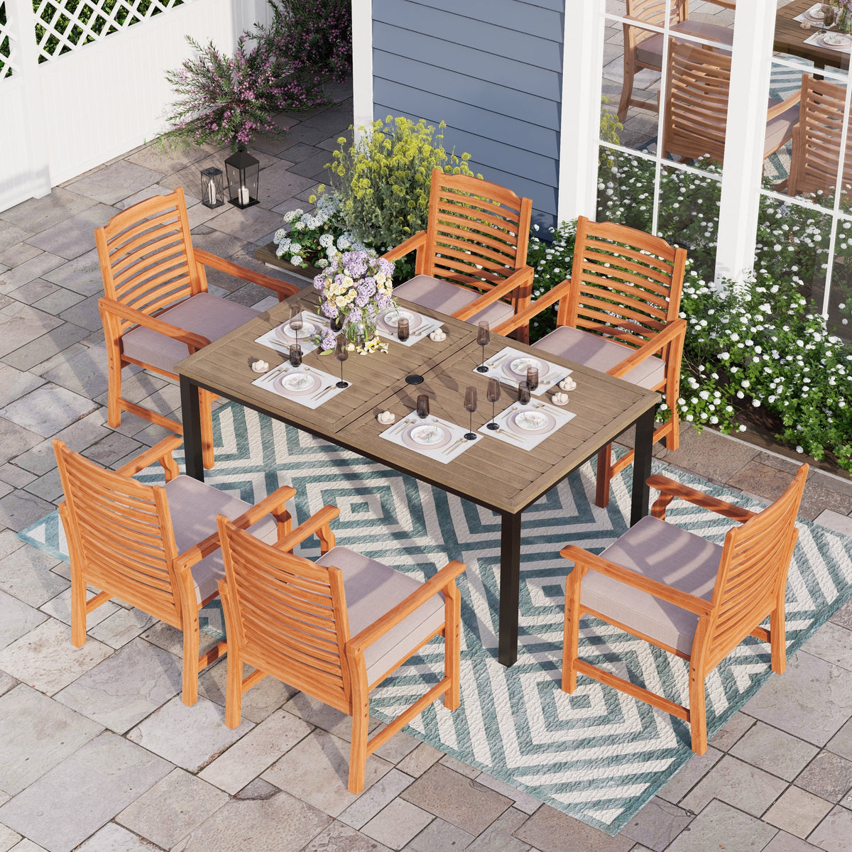 Sophia & William 7 Pieces Outdoor Patio Dining Set Wooden-like Metal Table and Acacia Wood Patio Chairs with Cushions for Lawn, Garden, Backyard