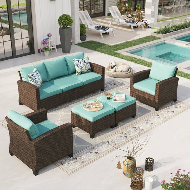 Sophia & William 7-seat Wicker Patio Convesation Set Wicker Outdoor Sectionals Sofa Set, Blue