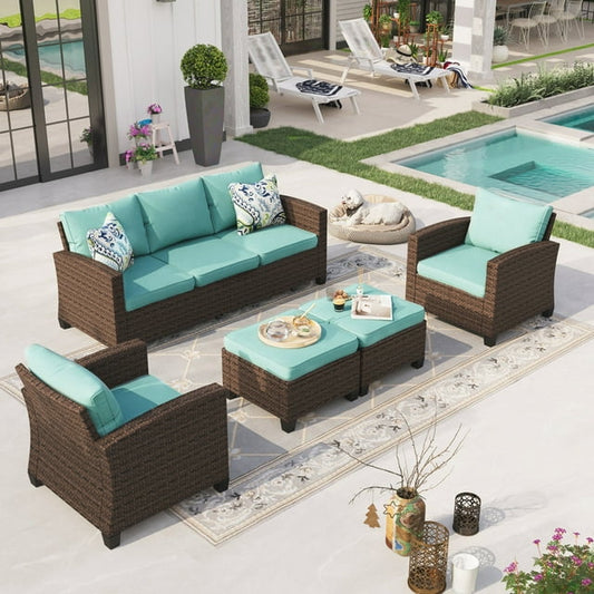 Sophia & William 7-seat Wicker Patio Convesation Set Wicker Outdoor Sectionals Sofa Set, Blue
