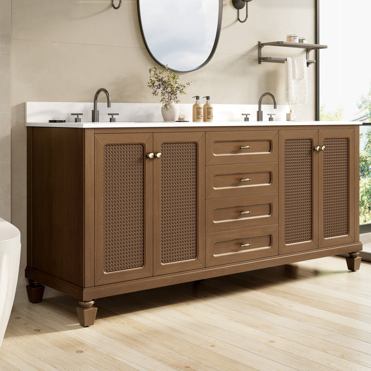 Sophia & William 72" Bathroom Vanity with Double Sink Freestanding Wood Bathroom Cabinet Vanity with 2 Doors of Adjustable Shlves, 2 Pull-out Drawers and 1 Elevated Drawer, Hickory
