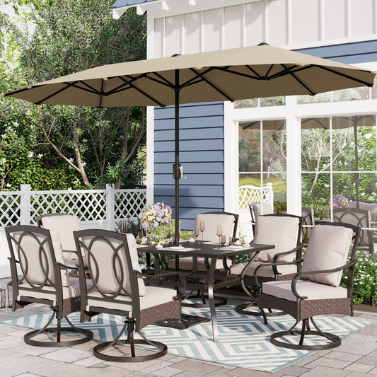 Sophia & William 8-Piece Outdoor Patio Dining Set with 13 ft Beige Umbrella, Swivel Chairs & Rectangle Table for 6