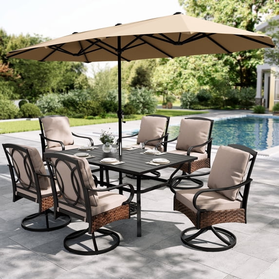 Sophia & William 8-Piece Outdoor Patio Dining Set with 13 ft Beige Umbrella, Swivel Chairs & Rectangle Table for 6