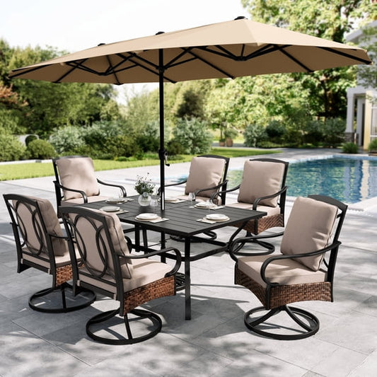 Sophia & William 8-Piece Outdoor Patio Dining Set with 13 ft Beige Umbrella, Swivel Chairs & Rectangle Table for 6