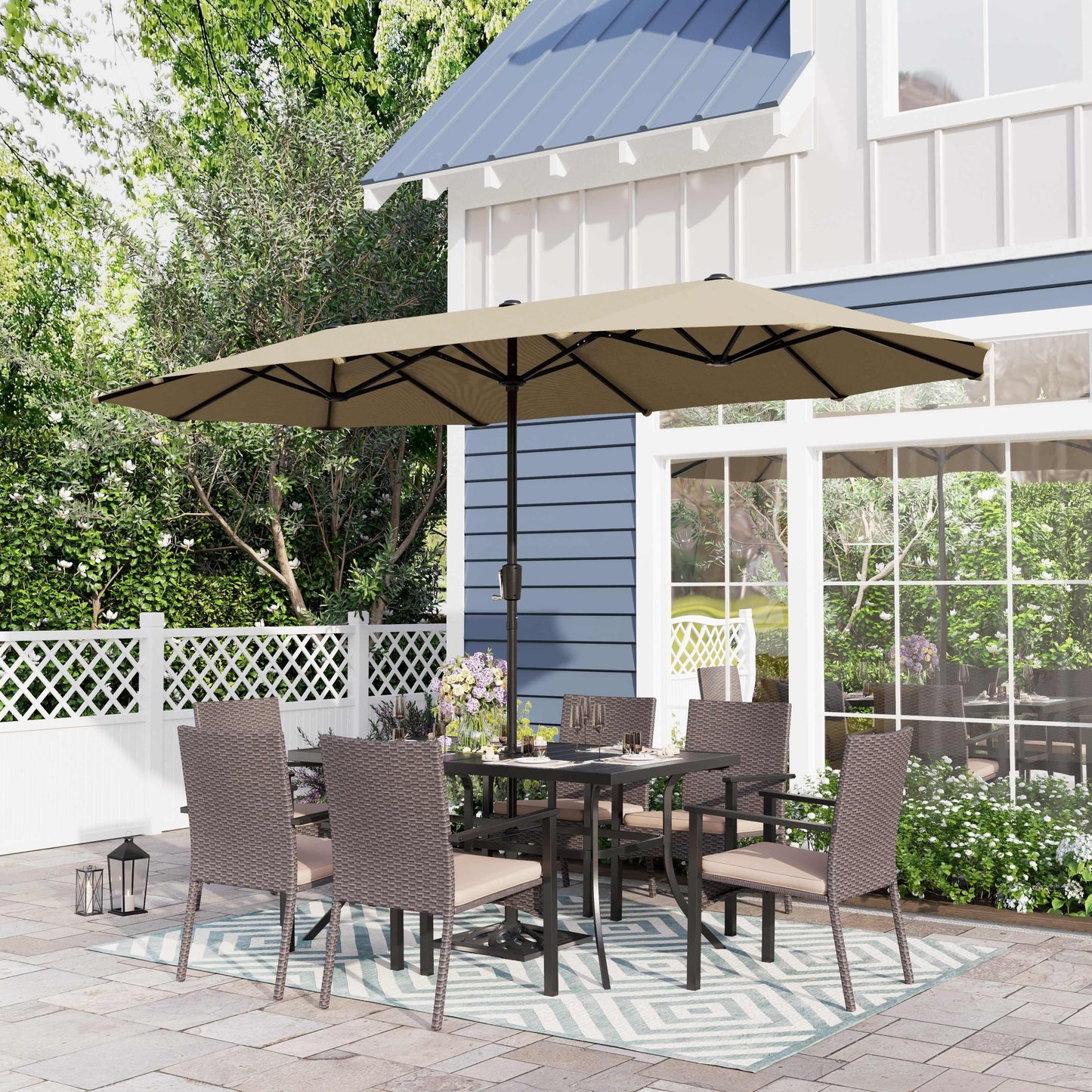 Sophia & William 8-Piece Outdoor Patio Set with 13 ft Umbrella, Rattan Chairs & Rectangle Table for 6, Beige Umbrella