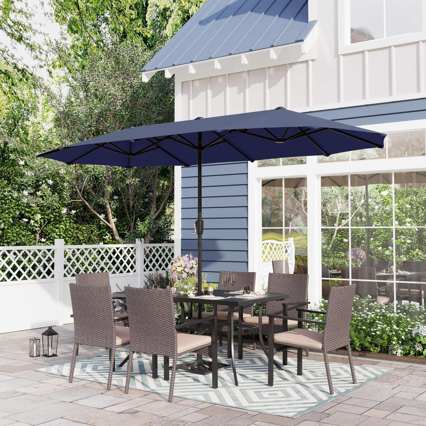Sophia & William 8-Piece Outdoor Patio Set with 13 ft Umbrella, Rattan Chairs & Rectangle Table for 6, Navy Umbrella